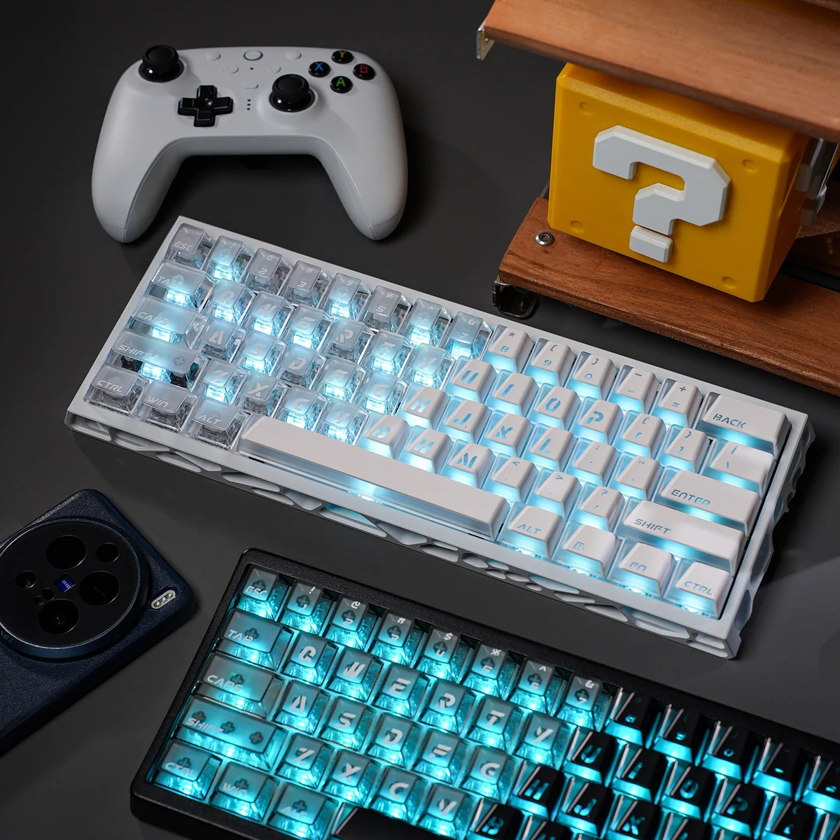 Vibrant Minimalist Prism Cherry Keycap Set, multiple angles. Reveals modern aesthetic, vibrant light refraction, and crisp, luminous legend.