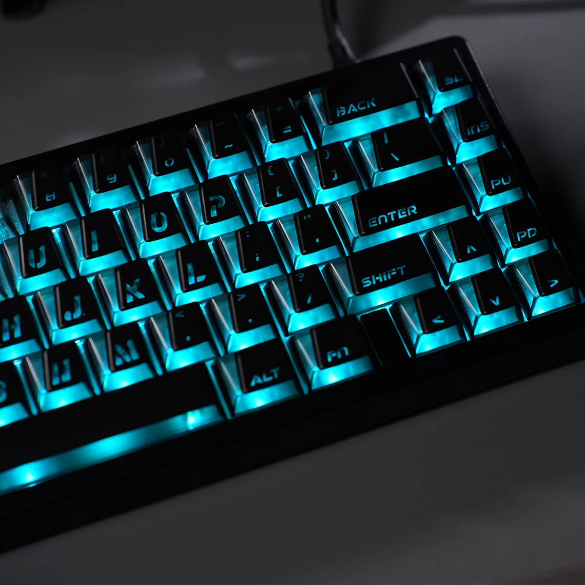 Vibrant Minimalist Prism Cherry Keycaps displayed from various angles, revealing their crisp, luminous legends and modern aesthetic.