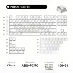 White Minimalist Prism Cherry Keycaps, 100 prism and 31 frosted supplemental, for a luminous modern look.