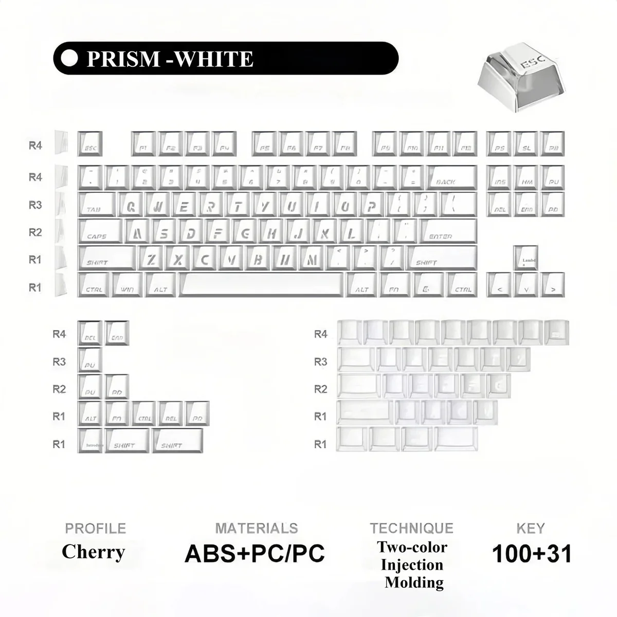 White Minimalist Prism Cherry Keycaps, 100 prism and 31 frosted supplemental, for a luminous modern look.