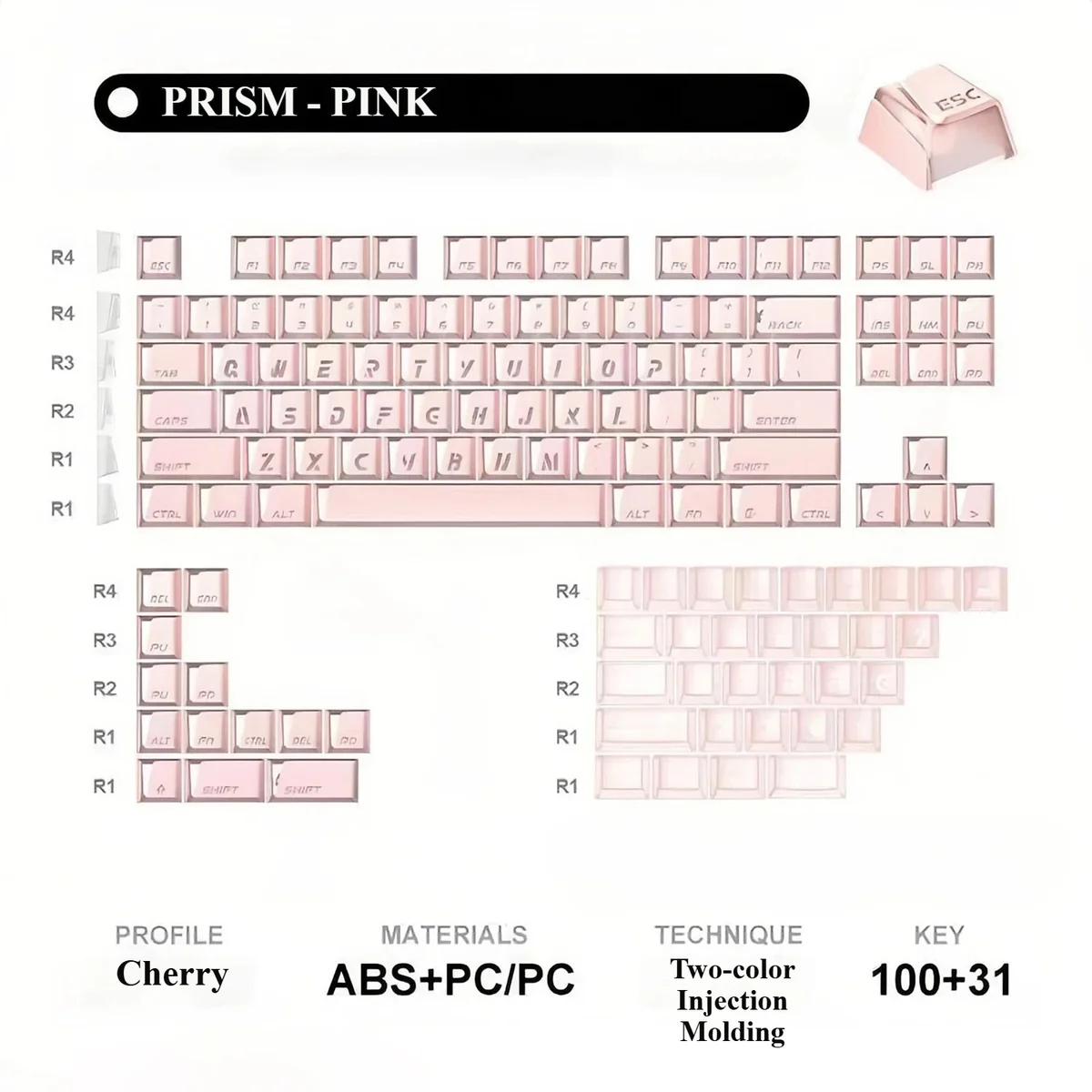 Pink Minimalist Prism Cherry Keycap Set, featuring 100 prism and 31 frosted supplemental keys. Modern, luminous design.