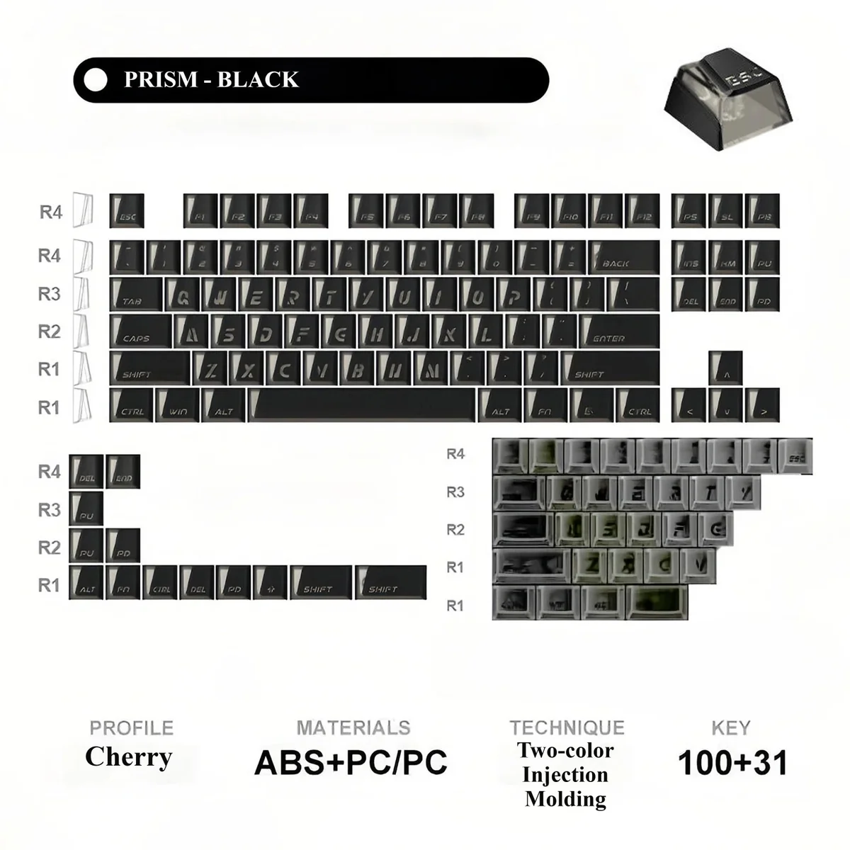 Premium black Minimalist Prism Cherry Keycaps, 100 prism and 31 frosted keys, for modern luminous light refraction.