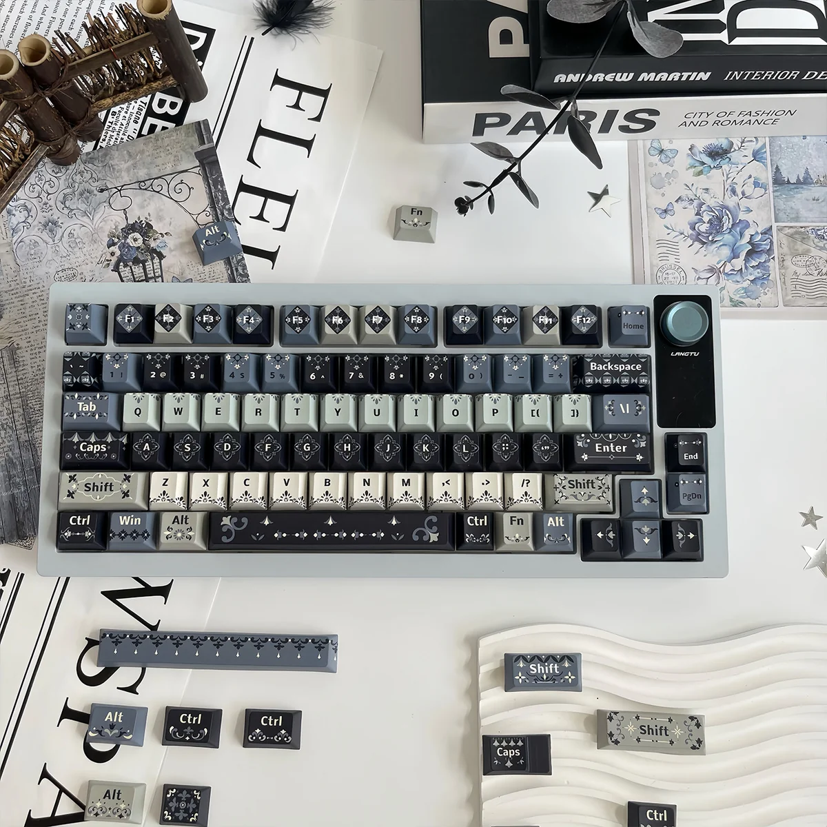 Romantic Night Weaving PBT Dye-sub Keycap Set, featuring an enchanting dark celestial design and intricate night sky patterns for an artistic keyboard.