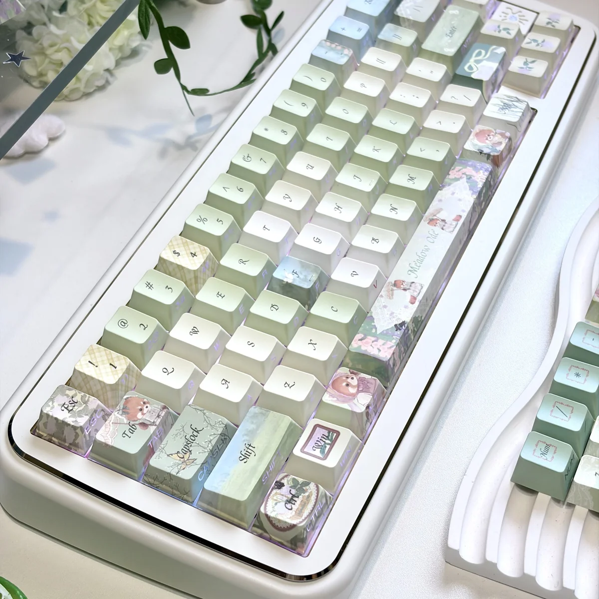 Meadow Ode Luminous Side-Lit PBT Keycap Set from various angles, showcasing its nature-inspired design, soft luminous glow, and refined PBT texture.