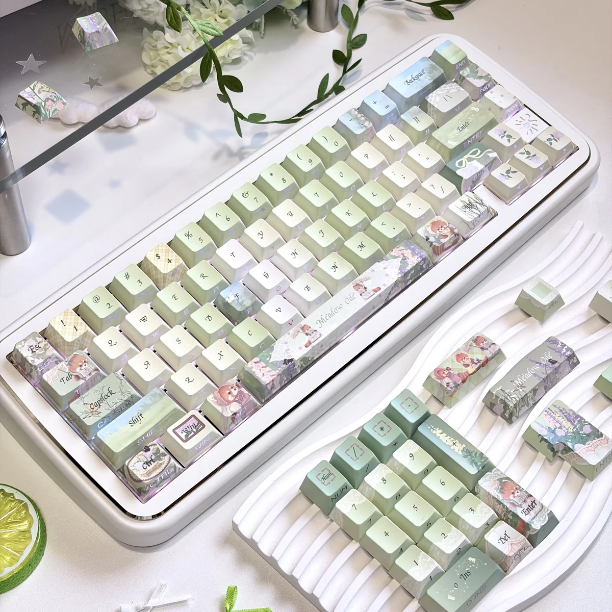Meadow Ode Luminous Side-Lit PBT Keycap Set. Multiple angles reveal nature-inspired designs, soft luminous glow, and refined PBT texture.