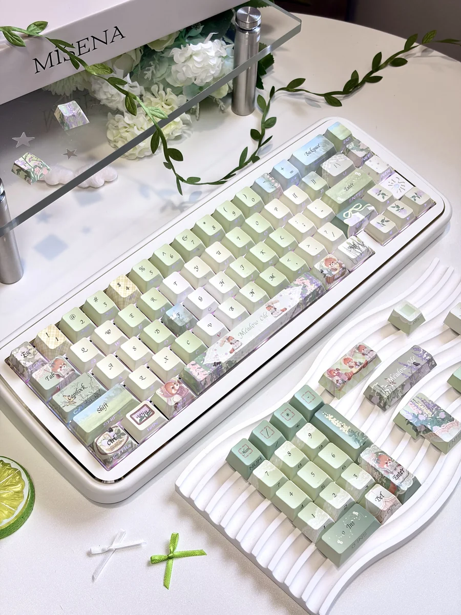 An artistic close-up of the Meadow Ode Luminous PBT Keycap Set, highlighting the unique side-lit legends and tranquil, nature-inspired design.