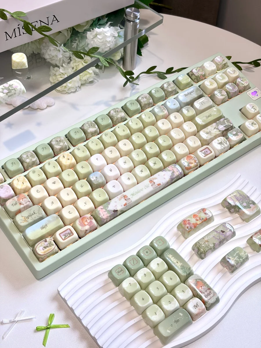 Meadow Ode Luminous Side-Lit PBT keycap set, Jade Edition, showcasing its refined, smooth texture and tranquil, nature-inspired luminous glow.
