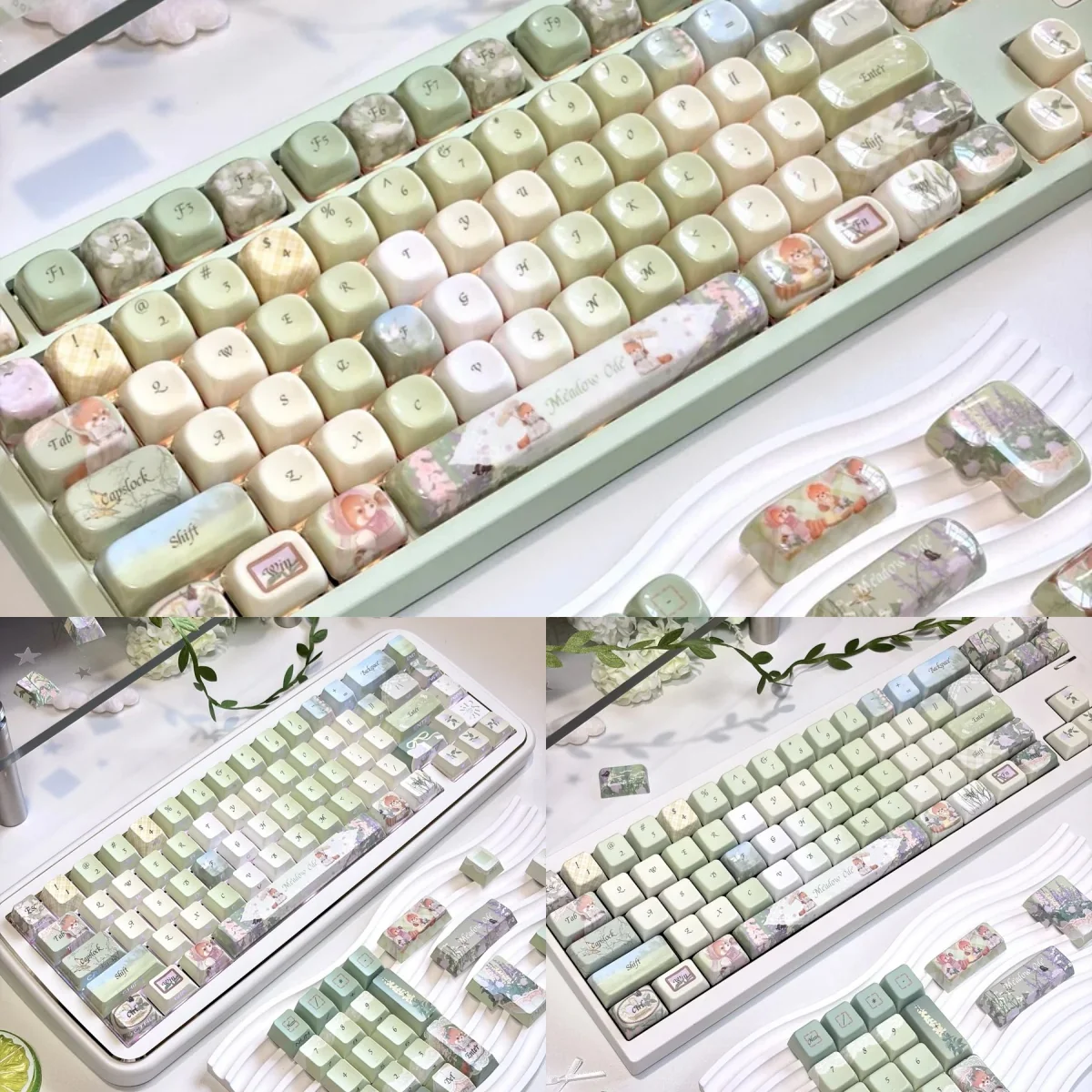Meadow Ode Luminous Side-Lit PBT Keycap Set. Artisanal nature-inspired designs glow softly, highlighting refined textures and unique craftsmanship.