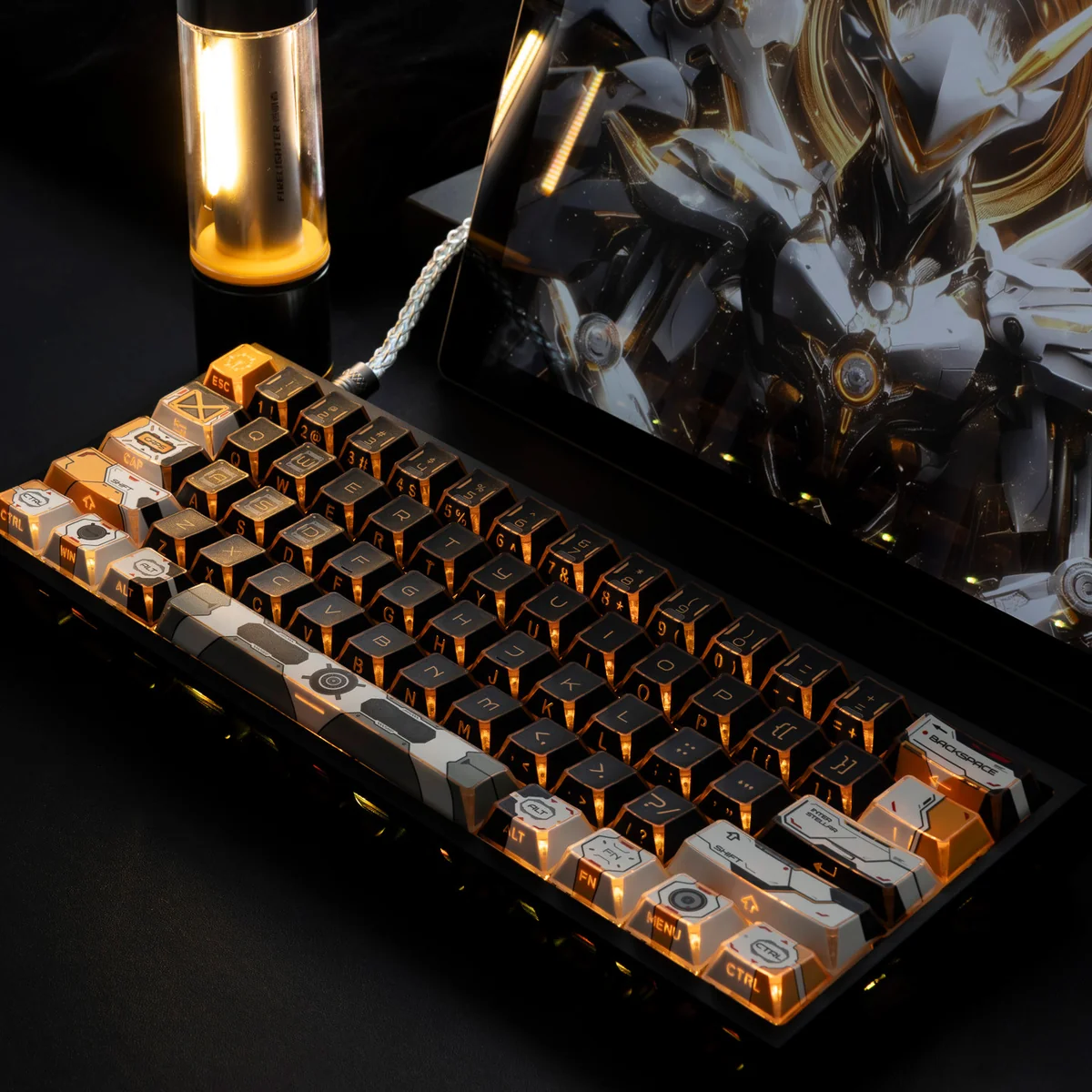 Explore the Cosmic Portal Backlit PBT Keycaps from various angles, highlighting their stunning interstellar design, dynamic backlighting.