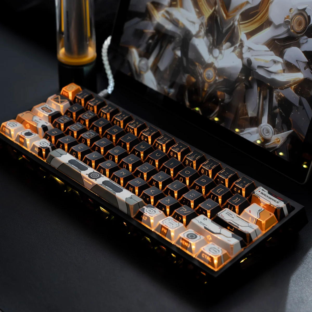 Angled shot of Cosmic Portal backlit PBT keycaps, revealing the intricate interstellar design and vibrant illumination, ideal for a high-quality mechanical keyboard.