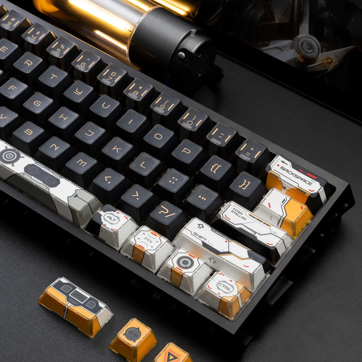 Cosmic Portal backlit PBT keycaps. Stunning interstellar design with vibrant backlighting. Premium PBT durability, enhancing a futuristic mechanical keyboard.