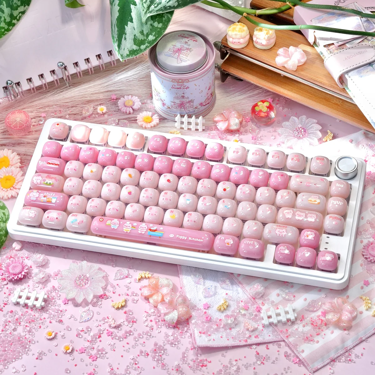 Adorable pig gummy MOG keycaps arranged from various angles, highlighting their sweet pastel pink hues and distinctive ergonomic profile for mechanical keyboard.
