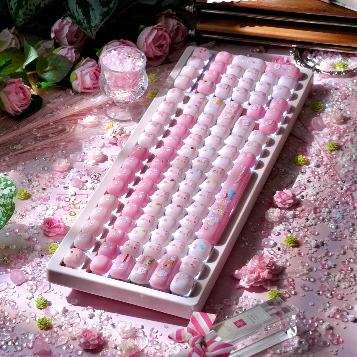 A playful collection of pig gummy MOG keycaps, showcasing their sweet pastel pink design and whimsical rounded profile from multiple angles for MX keyboard.
