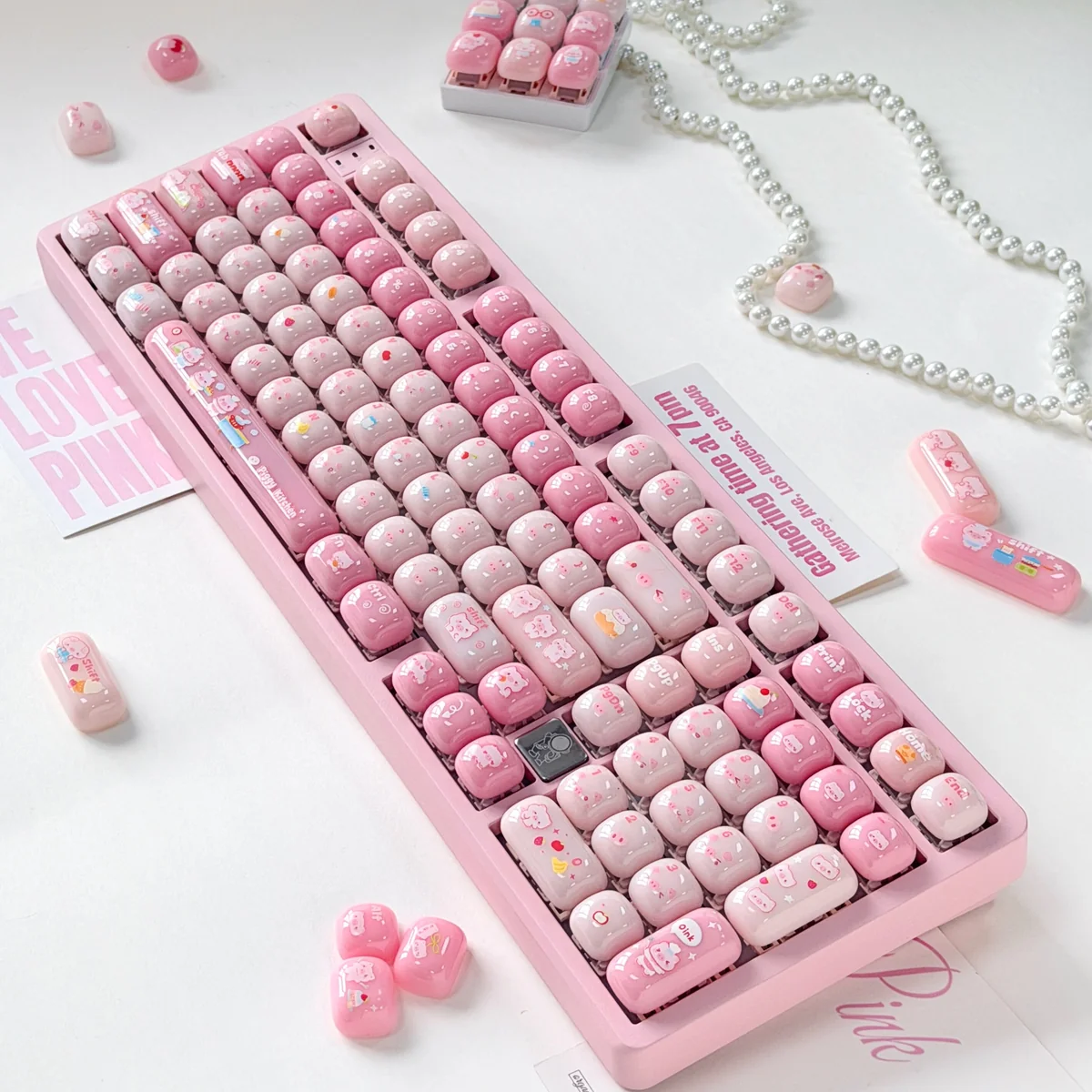 Adorable pink pig gummy MOG keycaps, featuring a whimsical sweet design for MX mechanical keyboards, highlighting their unique profile.