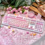 Delightful close-up of playful pig gummy MOG keycaps, showcasing their sweet, soft pink candy design and unique profile for MX keyboards.