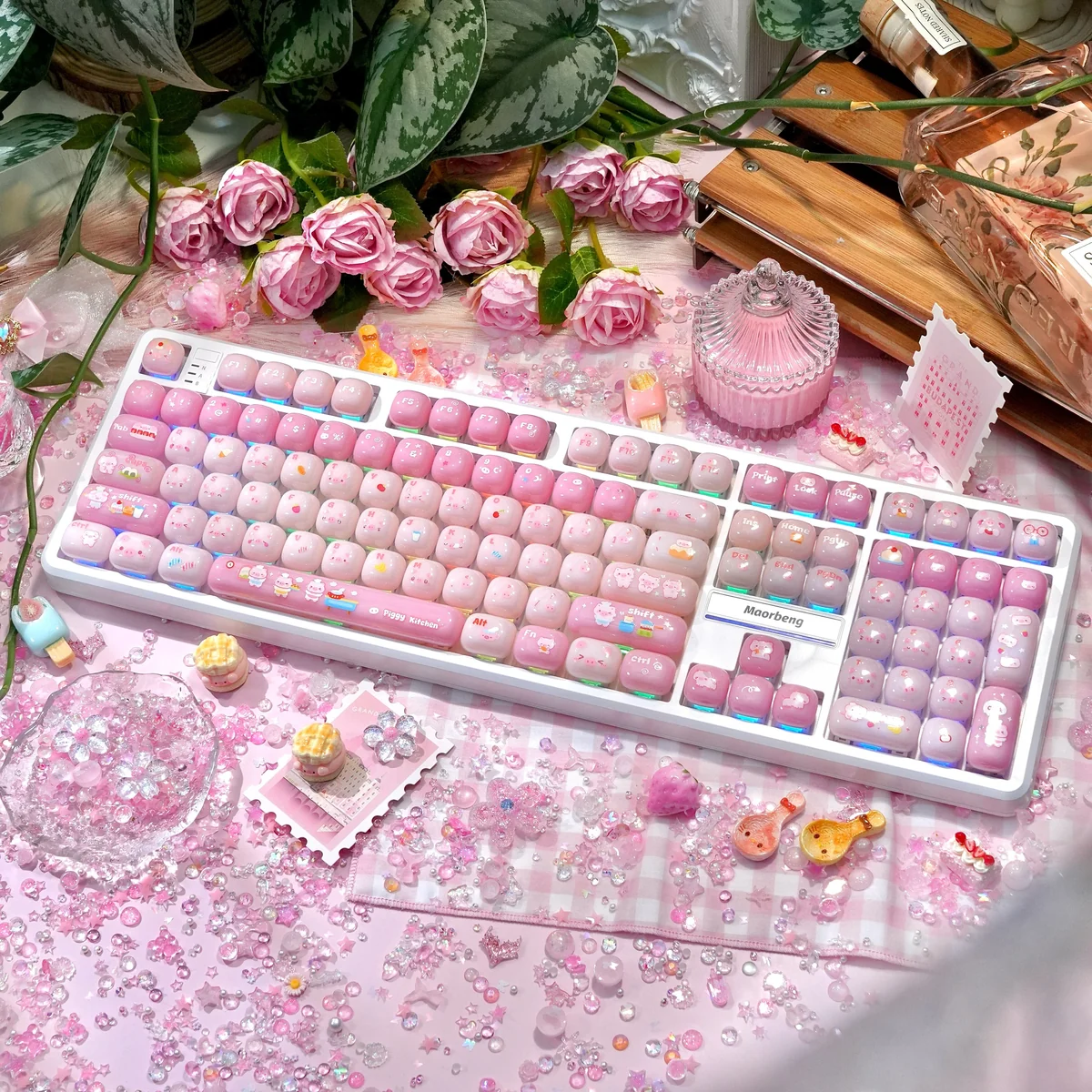 Delightful close-up of playful pig gummy MOG keycaps, showcasing their sweet, soft pink candy design and unique profile for MX keyboards.
