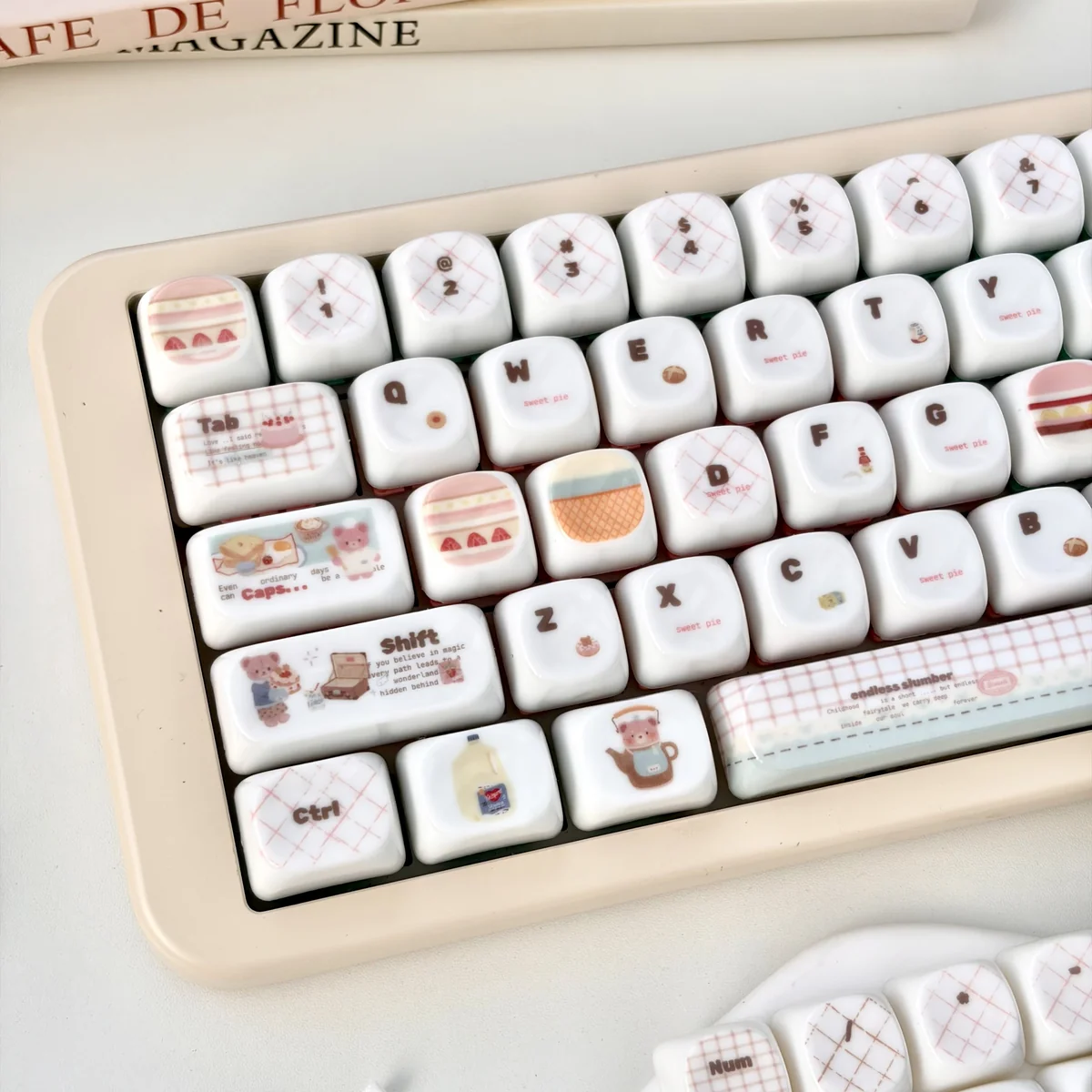 Adorable Pink Bear MOA Profile keycaps set presented from various angles, highlighting their unique smooth jade-like texture and soft pink hues.