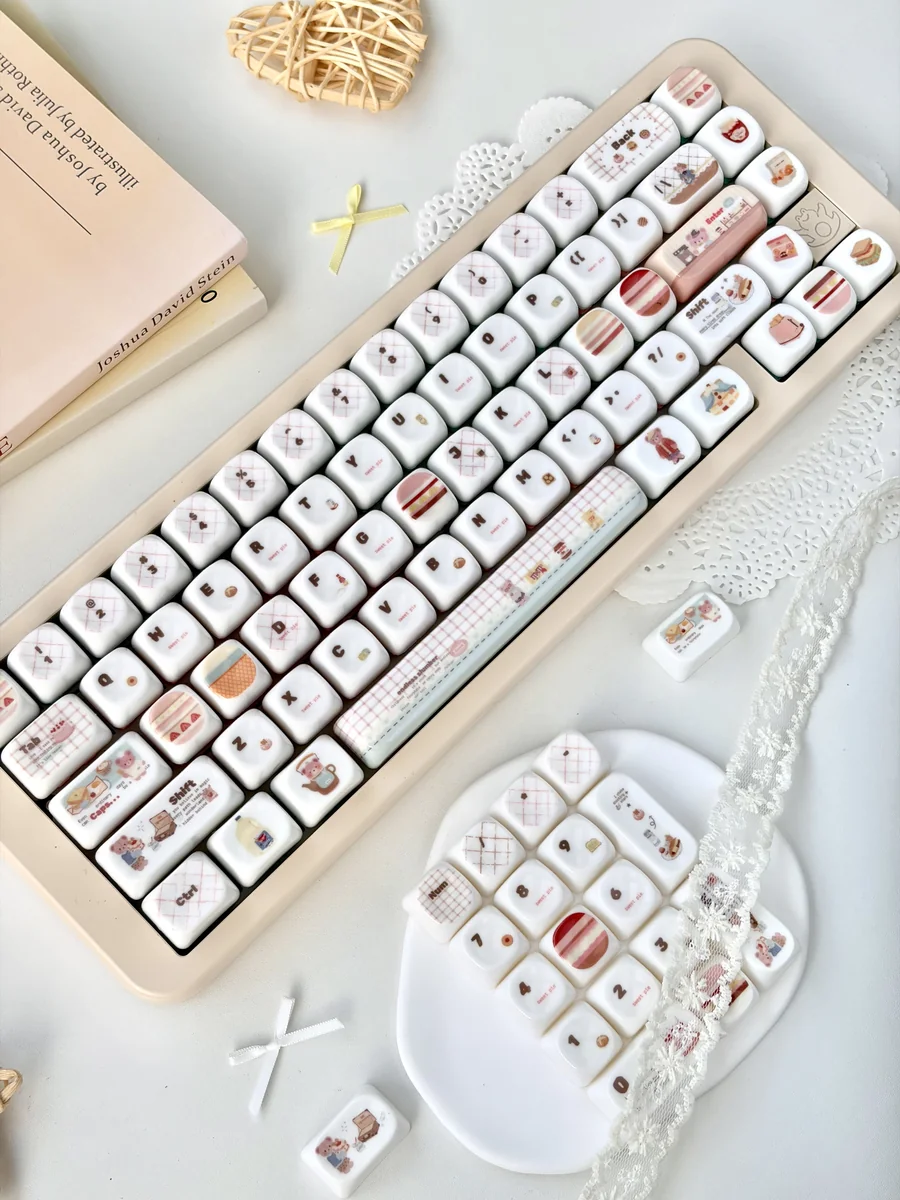 Adorable pink bear MOA profile keycaps set, showcasing their unique jade-like texture and soft pink hues from a delightful angle.