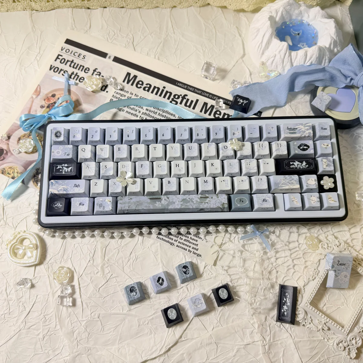 Handcrafted Plum Blossom Frost Keycaps showcasing serene traditional Chinese artistry, with frosty accents on a dark, high-quality PBT set.