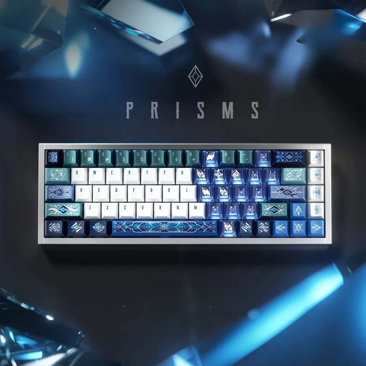 A mesmerizing Prism Keycap Set crafted from PBT, showcasing vibrant light refraction and modern geometric patterns for a premium keyboard.