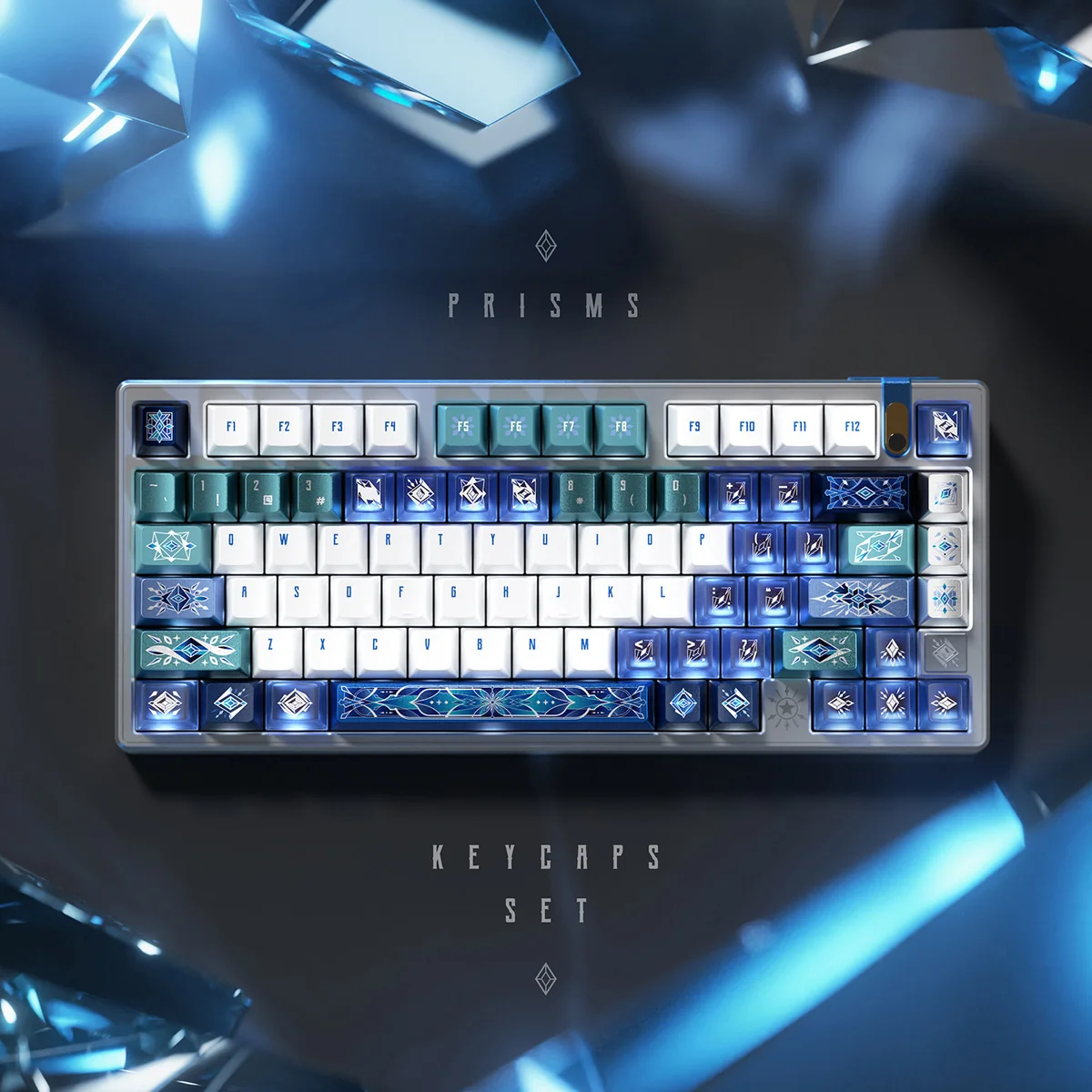 A mesmerizing Prism Keycap Set, showcasing PBT keycaps with vibrant, refracted light and modern geometric patterns.