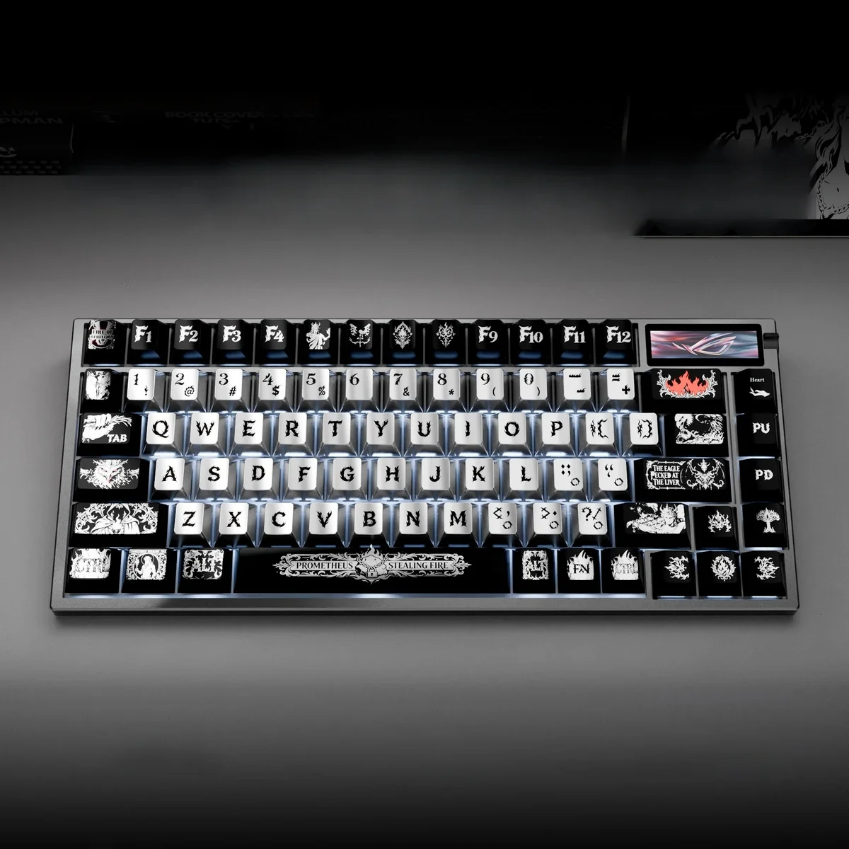 Unique Prometheus PBT Keycaps: Metallic Dye-Sub Set, highlighting its mystical ancient power and dark industrial finish from diverse angles.