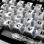 Prometheus PBT Keycaps set displayed from a captivating side angle, showcasing the unique metallic dye-sub finish and dark, industrial aesthetic.