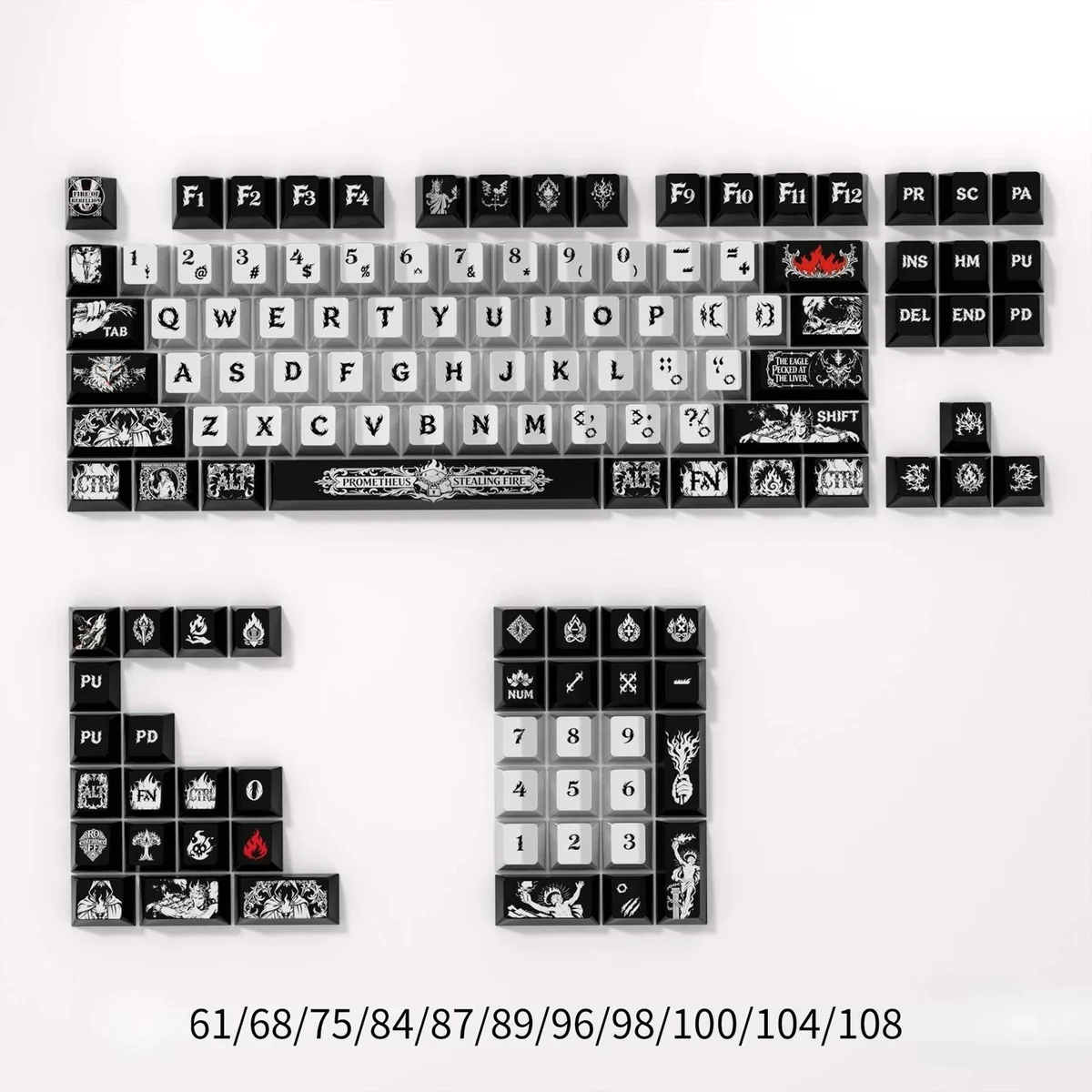 Prometheus PBT Keycaps: Unique metallic dye-sub set. Dark, dramatic keycaps evoke mystical ancient power with a premium modern industrial finish.