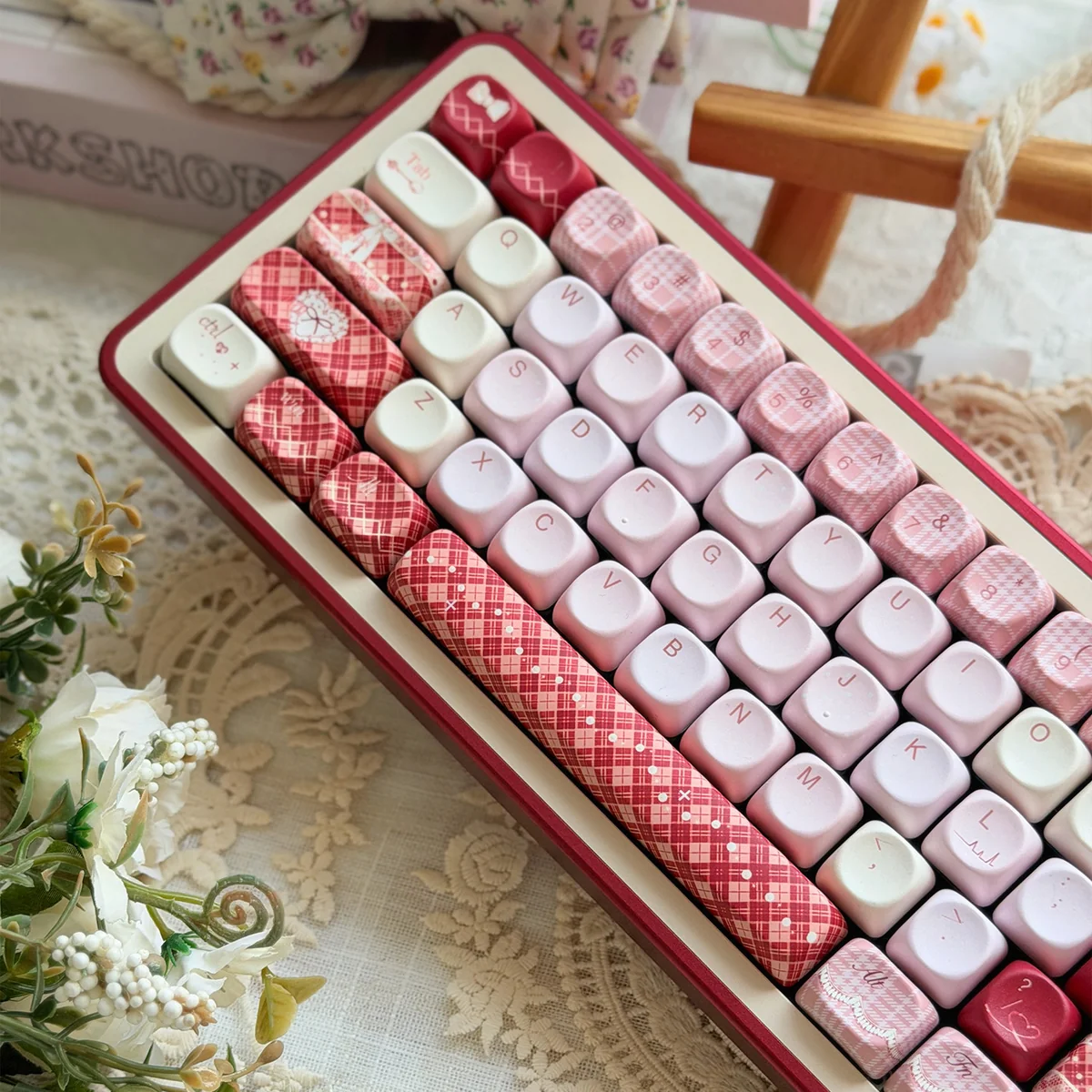A sweet collection of Whimsical Raspberry Diary PBT MOA Keycap Set, showcasing playful pastel designs and unique MOA profile from various angles.