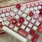 Whimsical Raspberry Diary PBT MOA Keycaps Set: gallery view reveals sweet pastel colors, uniform MOA profile, and charming raspberry and diary motifs.