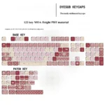 Whimsical Raspberry Diary PBT MOA keycaps set, showcasing sweet pastel hues and charming diary motifs on a uniform MOA profile, from a playful angle.