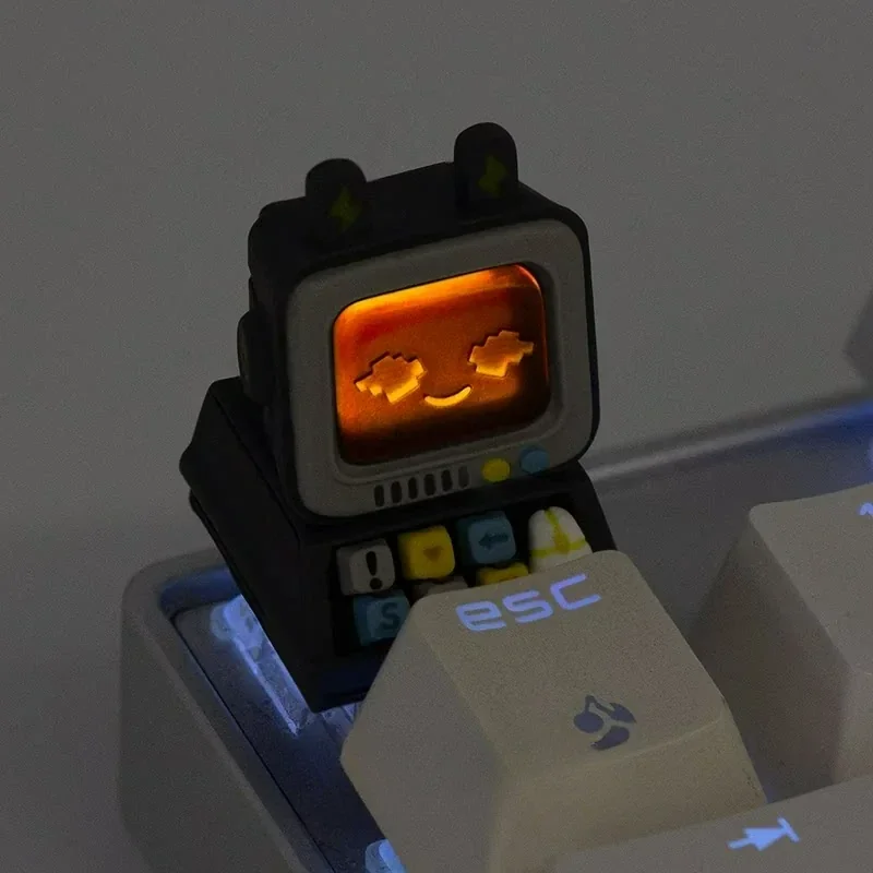 Retro Desktop Computer Artisan Keycaps for ESC, displaying intricate miniature retro desktop computer details and a vibrant glowing backlight.