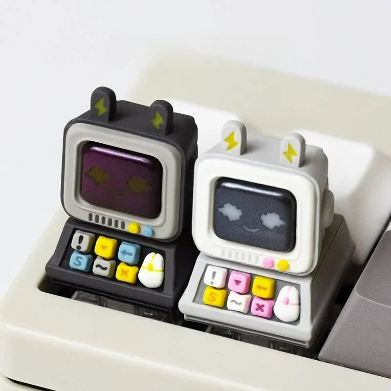 Retro Desktop Computer Artisan Keycaps featuring an intricate miniature retro desktop computer design with a glowing backlight.