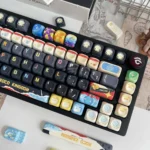Vibrant Roco Kingdom MOA PBT keycaps set, showcasing playful character designs and exclusive dye-sub craftsmanship from various angles.