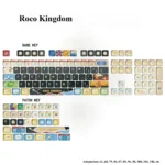 Explore the enchanting Roco Kingdom MOA PBT keycaps set from various angles, highlighting its vibrant dye-sub characters and exclusive design.