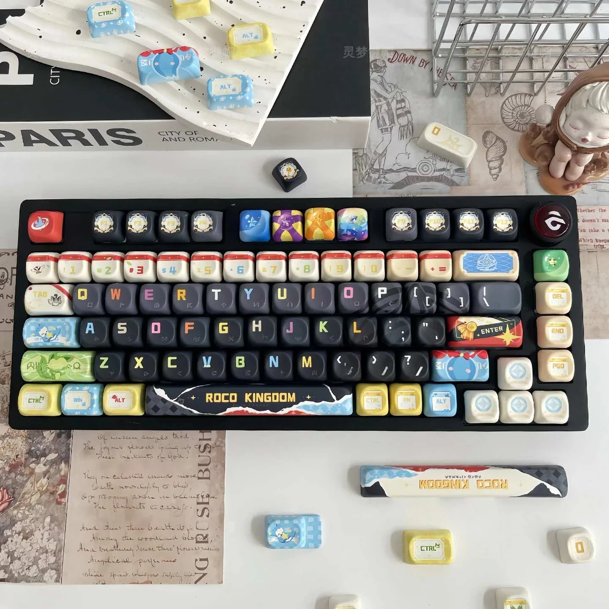 Nostalgic Roco Kingdom MOA PBT keycaps set, showcasing vibrant, exclusive dye-sub characters. A playful and whimsical keyboard upgrade.