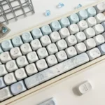 Close-up of the Sacred Feather Prayer MOA Keycap Set, showcasing delicate feather motifs and soft, celestial colors from various angles, creating an ethereal design.