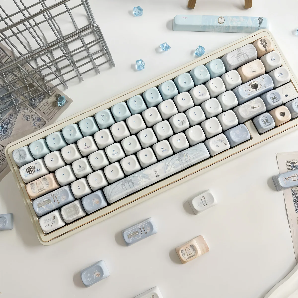 Sacred Feather Prayer MOA Keycap Set collection, featuring delicate feather motifs and celestial accents in soft, ethereal colors, creating a peaceful keyboard.