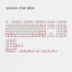 A gallery of Sakura Star Wish PBT keycaps, highlighting dye-sub pink blossoms and twinkling stars for an elegant, dreamy desktop setup.