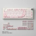 Sakura Star Wish PBT keycap set detail, highlighting soft pink dye-sublimated blossoms and twinkling stars for a dreamy, elegant desktop.