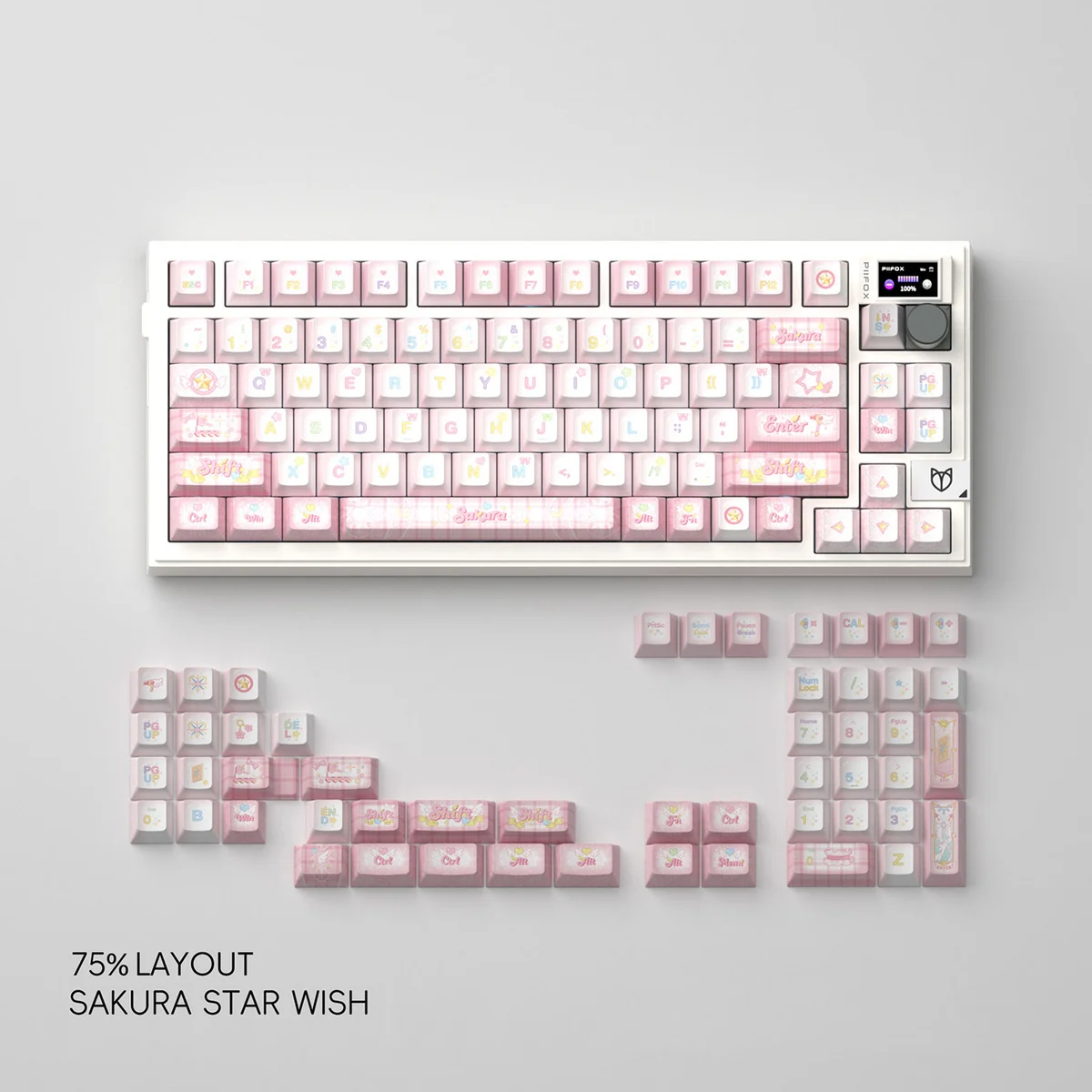 Detailed image of the dye-sub PBT Sakura Star Wish keycaps, highlighting soft pink blossoms and twinkling stars for a dreamy, artistic aesthetic.