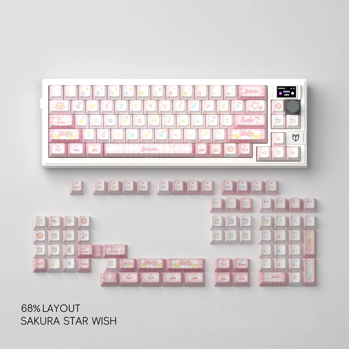 View of the Sakura Star Wish PBT keycap set, highlighting dye-sub pink cherry blossoms and twinkling stars. Creates a dreamy, artistic desktop aesthetics.