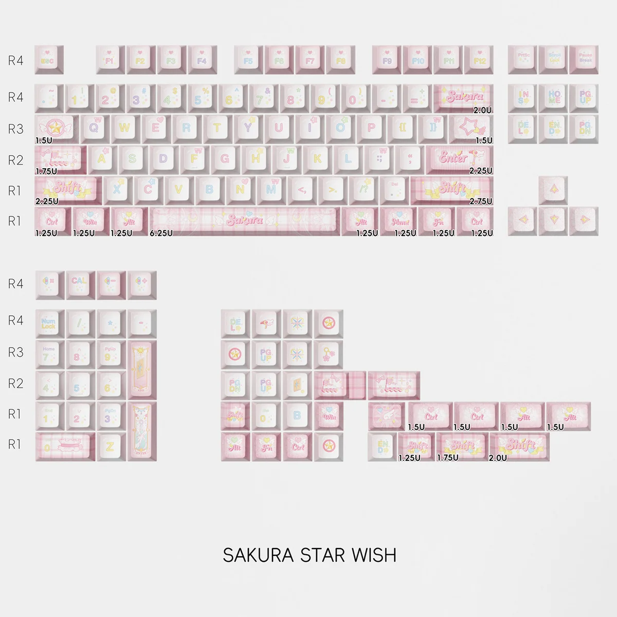 Dreamy PBT Sakura Star Wish keycap set showcasing soft pink flowers and twinkling stars. Dye-sublimated for vibrant, lasting elegance.