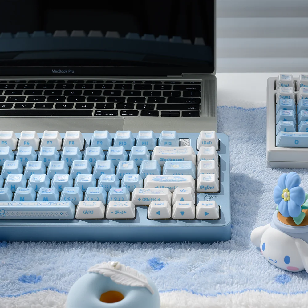 Explore premium ceramic Cinnamoroll side-engraved keycaps from various artistic angles, highlighting their lustrous finish, whimsical art, and soft vibrant color.