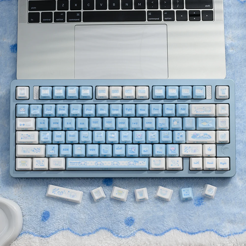 Lustrous premium ceramic Cinnamoroll keycaps with whimsical side-engraved art, showcasing soft vibrant colors for a playful, artistic keyboard.