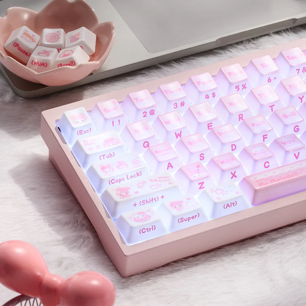 Close-up of artisanal My Melody ceramic keycaps, showcasing smooth pastel textures and charming character details from various angles.
