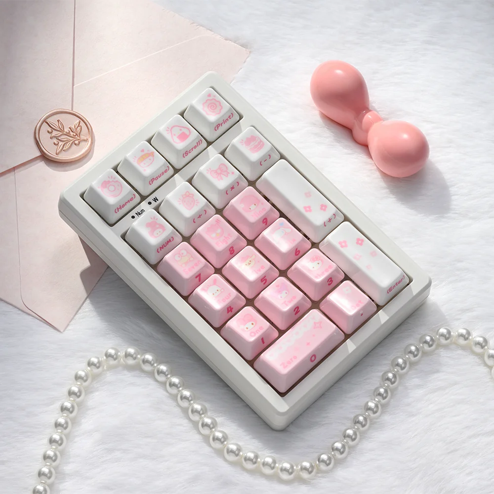 Artistic display of the 120-key My Melody ceramic keycap set, featuring adorable characters and a smooth pastel finish from diverse angles.