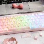 Artisanal My Melody ceramic keycaps set, showcasing the adorable design and unique smooth ceramic texture with a whimsical pastel palette.