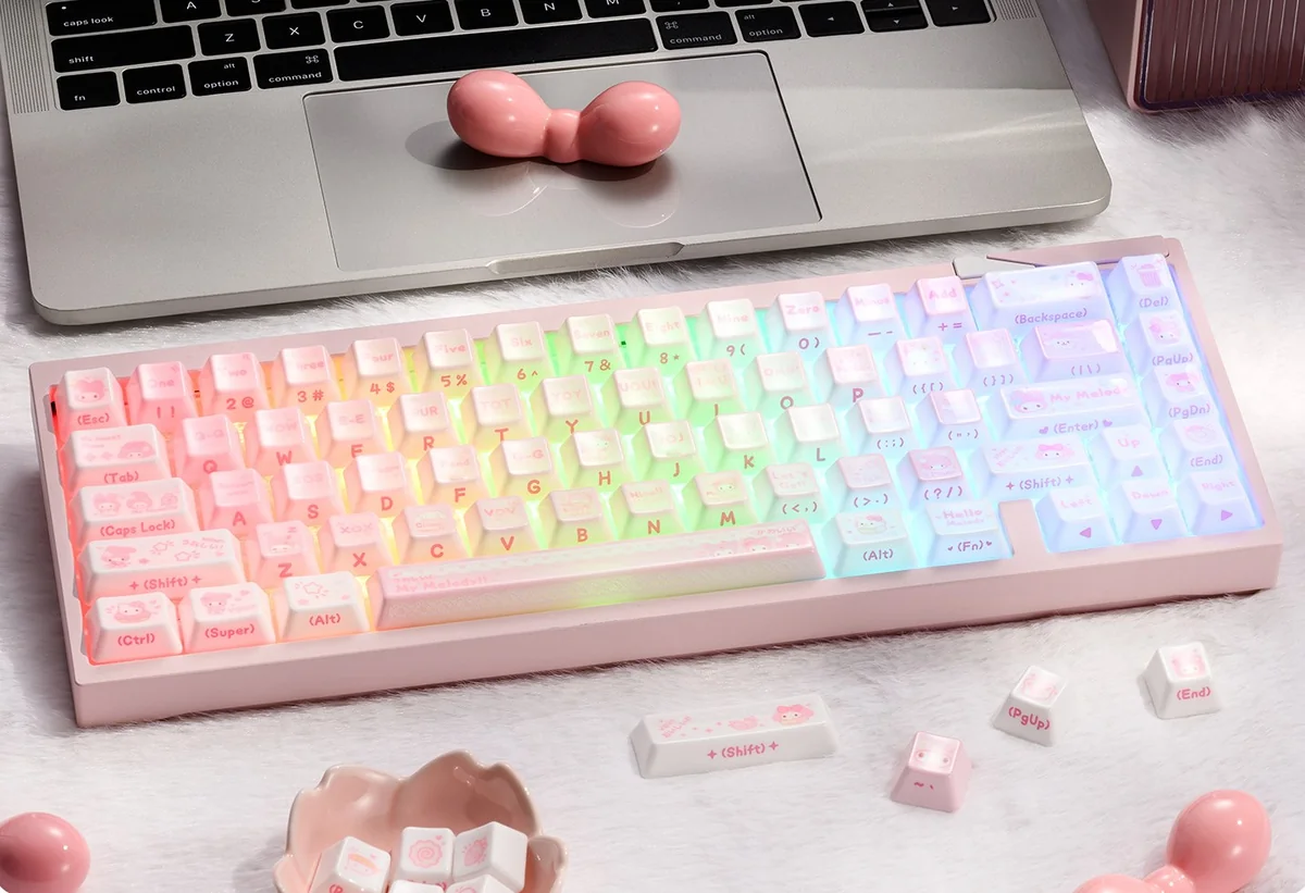 Artisanal My Melody ceramic keycaps set, showcasing the adorable design and unique smooth ceramic texture with a whimsical pastel palette.