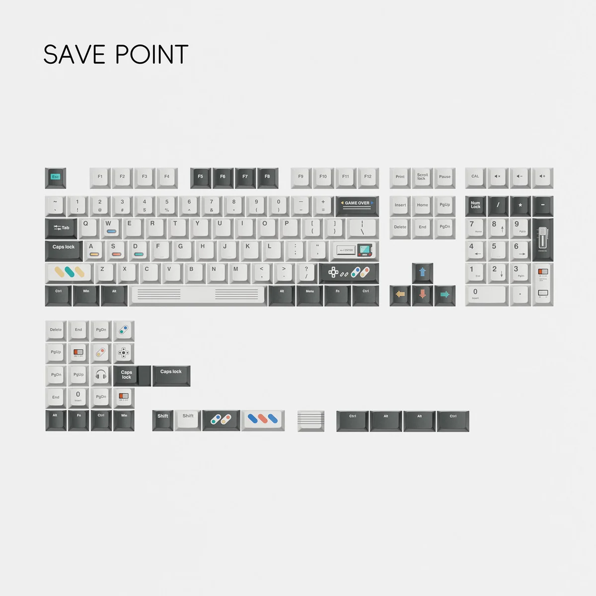 Angled view of the Save Point Cherry Keycap Set, showcasing the durable dye-sublimated pixel art legends. This artistic set evokes vintage computing aesthetics.